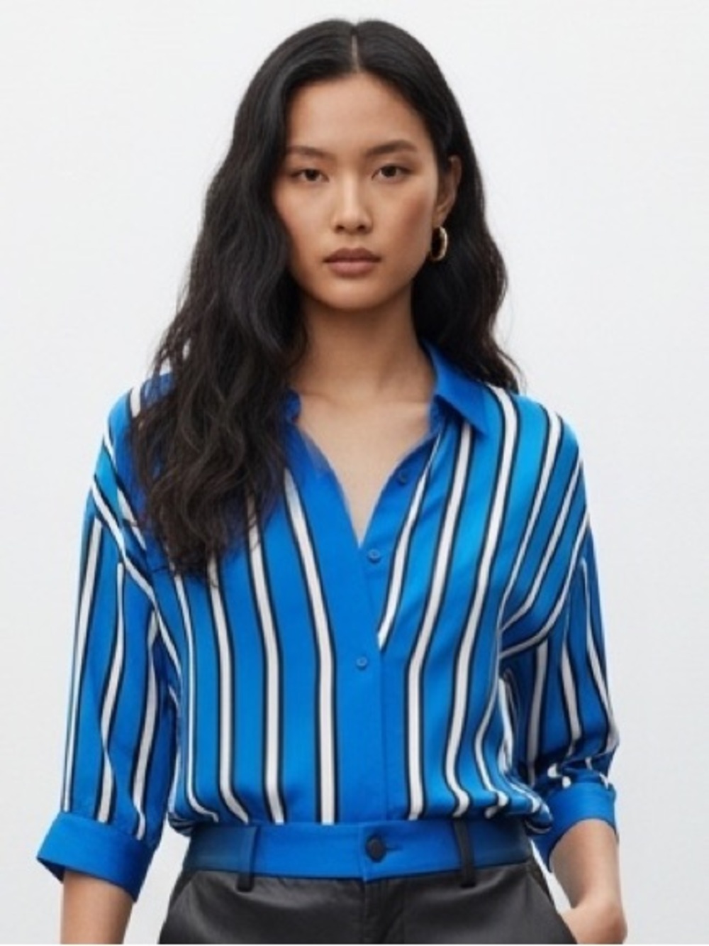 Alice + Olivia Cobalt Blue Stripe Viscose Button-Down Blouse Size M